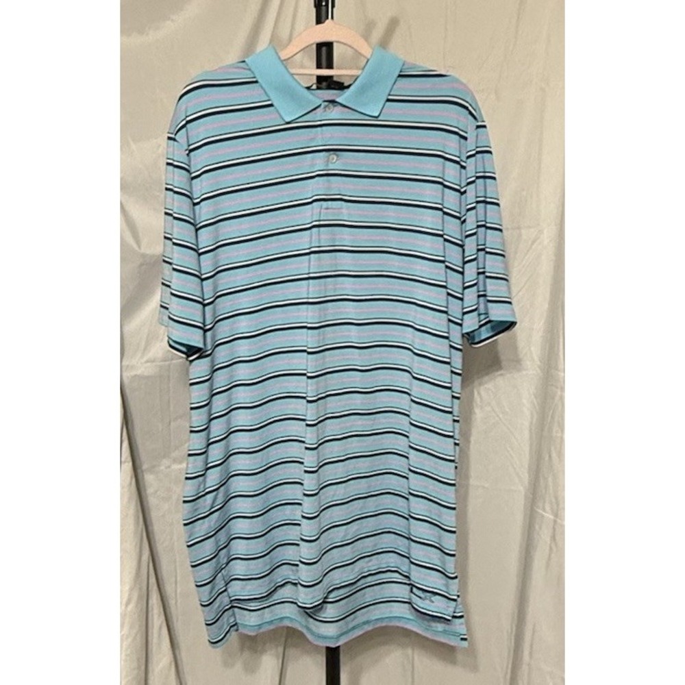 RLX Ralph Lauren Blue Pink Stripe Athletic‎ Performance Golf Polo Shirt Sz Large